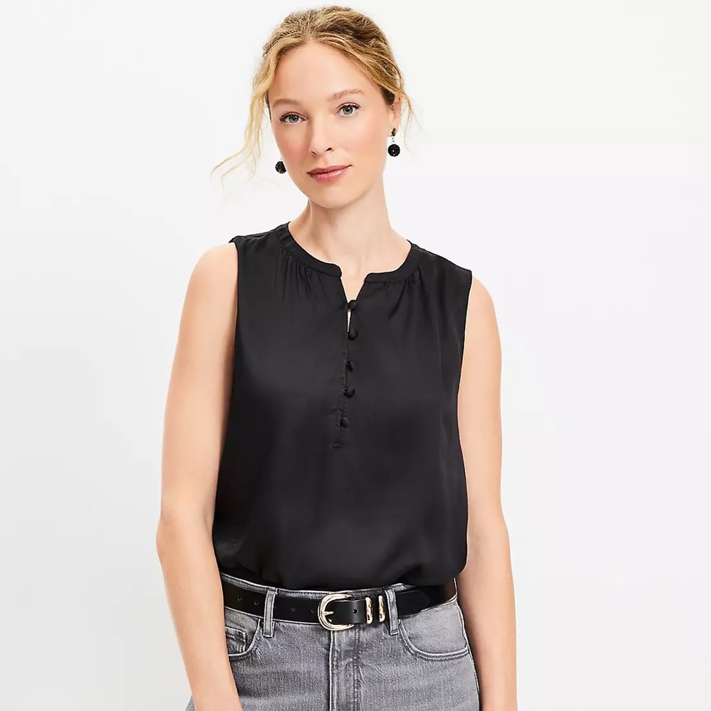 LOFT Black Satin Button Bubble Hem Shell, Size L